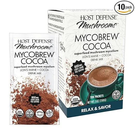 Host Defense MycoBrew Cocoa - Cocoa Powder Drink Mix Includes Lion's Mane Mushroom - Superfood Powder Drink Mix with Fair Trade Certified Cocoa - 10 Packets