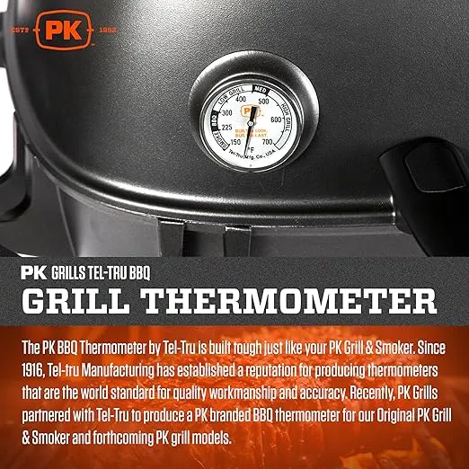 PK Grills Tel-Tru BBQ Grill Thermometer Outdoor Grilling Temperature Gauge Kit, Includes Charcoal/Smoker Thermometer Probe, Wing Nut, and Silver Flashing, PK99085