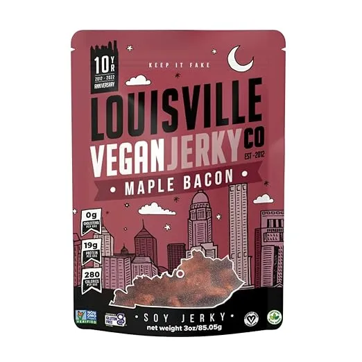 Louisville Vegan Jerky - Maple Bacon Vegan Meat - Lip-Smacking Vegan-Friendly & Vegetarian Jerky - Non-GMO Soy Protein, Gluten-Free High Protein Vegan Snacks