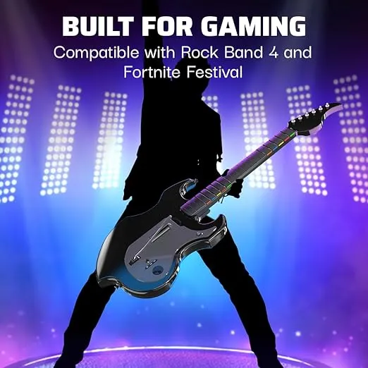 PDP RIFFMASTER Wireless Guitar Controller for PlayStation 5 and PlayStation 4, PS5/PS4, Rock Band 4, Fortnite Festival, Audio Jack, Rechargeable Battery, Officially Licensed by Sony - Black