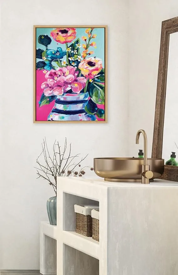 Kate and Laurel Sylvie Miss Mabel's Summer Bouquet Framed Canvas Wall Art by Rachel Christopoulos, 18x24 Natural, Colorful Flower Art for Wall