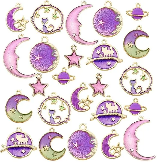 24 Pcs Assorted Gold Plated Enamel Cat Moon Star Celestial Charm Pendant DIY for Earrings Necklace Bracelet Jewelry Making and Crafting (M582-Purple)