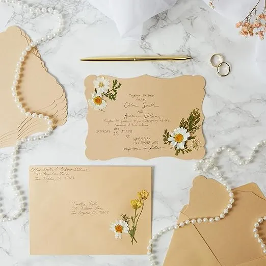 Paper Junkie 50 Pack Cards and Envelopes 5x7 In for Special Occasions, Wedding, Birthday, Baby Shower Invitations (Blank Inside, Brown Kraft Paper, Fancy Bracket Design)