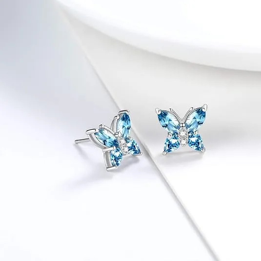 Butterfly Birthstone Stud Earrings - Women 925 Sterling Silver Butterflies Birthstone Stud Earrings Birthday Gift for Women
