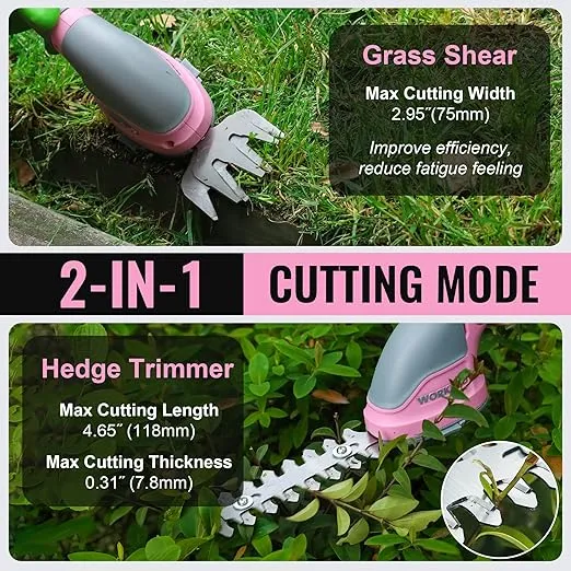 WORKPRO Cordless Grass Shear & Shrubbery Trimmer - 2 in 1 Handheld Hedge Trimmer Electric Grass Trimmer Hedge Shears/Grass Cutter Rechargeable Lithium-Ion Battery and Type-C Cable Included Pink Ribbon