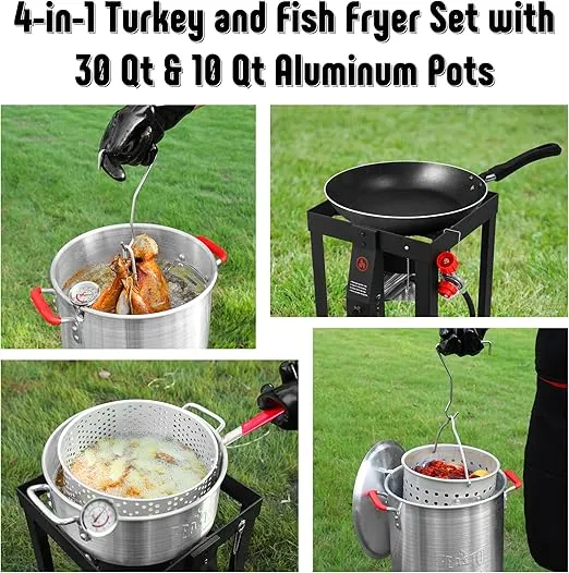 30 Qt Turkey Fryer with Basket & 10QT Fish Fryer Kit, 50,000 BTU Outdoor Propane Burner, CSA Certified, Auto Ignition, 10 PSI Regulator & Hose, for Thanksgiving Day Gathering
