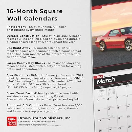 Camaro OFFICIAL | 2025 12 x 24 Inch Monthly Square Wall Calendar | Plastic-Free | BrownTrout | Chevrolet Motor Muscle Car