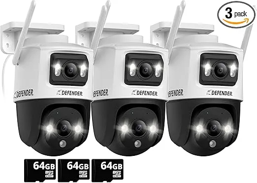 AI Powered Guard Pro 3K Plus Dual Lens PTZ WiFi 6, Plug & Play Security Camera, Human/Vehicle Detection, AI Auto-Tracking, Bluetooth, Includes 64GB SD Card, 3 Cameras