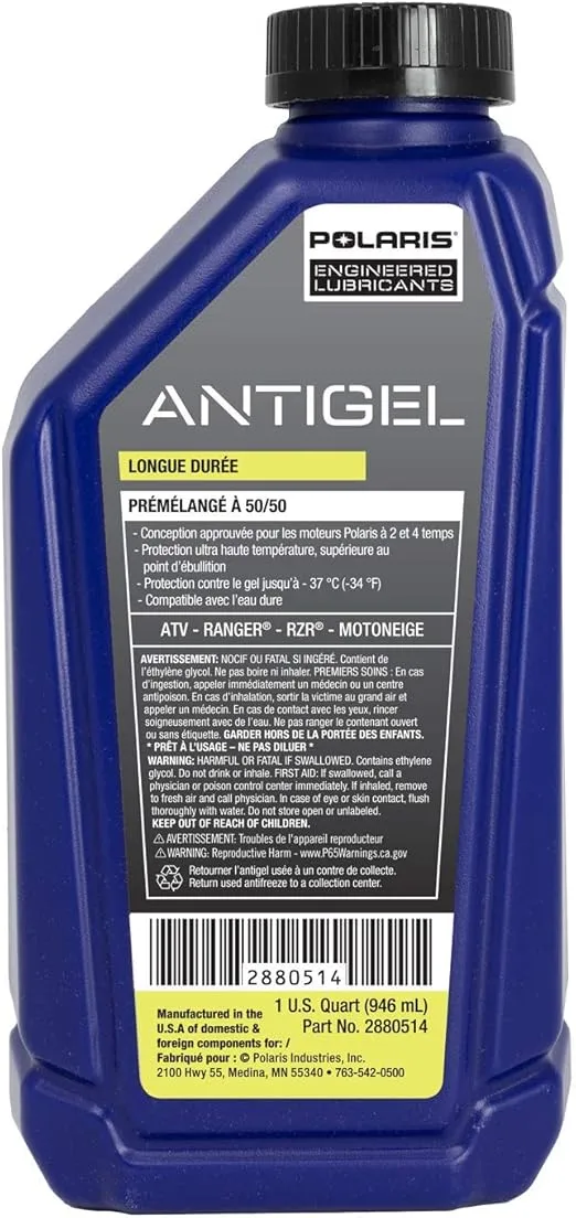Polaris Antifreeze Coolant 50/50 Premix Extended Life for Snowmobile Off Road Aluminum Cooling Systems, Compatible With 2 & 4 Stroke Engine, Boil Over & Freeze Protection, 1 Quart, Qty 1-2880514