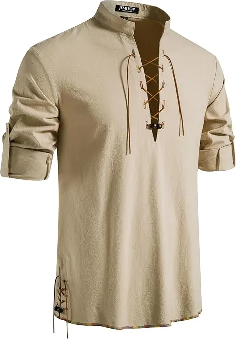 Men's Pure Cotton Retro Lace Up Shirts for Renaissance Pirate Viking Medieval