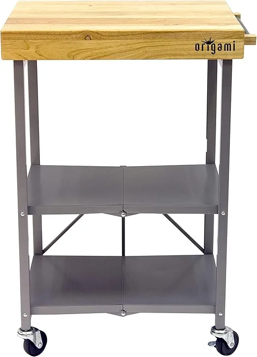 Origami Foldable Wheeled Portable Steel Frame Solid Wooden Top Kitchen Island Bar Cart with Open Shelving and Built In Towel Rack, Silver