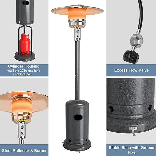 COSTWAY Outdoor Patio Heater, 50000 BTU Propane Heater with Stainless Steel Burner and Wheels, Triple Protection System, Standing Portable Outside Heater for Porch, Deck, Home and Commercial, Grey