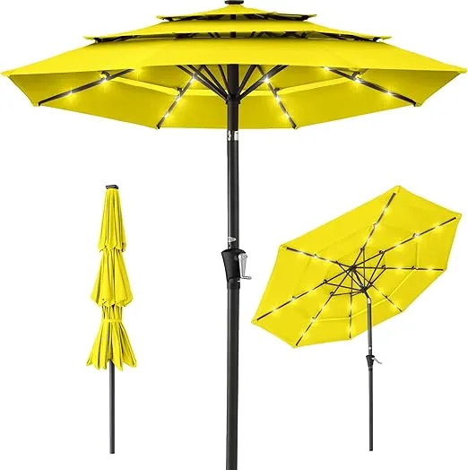 Best Choice Products 10ft 3-Tier Solar Patio Umbrella, Outdoor Market Sun Shade for Backyard, Deck, Poolside w/ 24 LED Lights, Tilt Adjustment, Easy Crank, 8 Ribs - Yellow