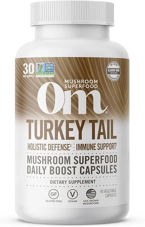 Om Mushroom Superfood Turkey Tail Mushroom Capsules Superfood Supplement, 90 Count, 30 Days, Immune Support, Polysacchrides, Beta-Glucans, Gut Health & Holistic Defense Mushroom Supplement