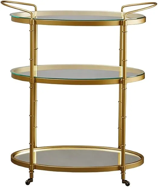 Antique Gold Bar Cart with Glass and Mirror Shelves – Vintage 1930s Inspired Rolling Beverage Serving Cart – 32.25Wx16Dx36H Inches – Low Profile Wheels – Assembly Required