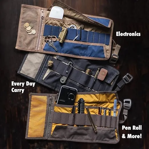 Art & Electronic Organizer | EDC Roll-Up Tool Bag for Pen Lovers & Tech | Multi-Pocket with Elastic Loops for Pens, Cables, External Hard Drives | Stylish Waxed Canvas & Durable Aluminum Hooks
