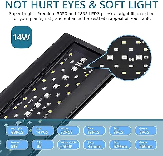 hygger Clip On 24/7 Lighting Aquarium LED Light, 14W Sunrise-Daylight-Moonlight and DIY Mode, Adjustable Timer / Brightness Fish Tank Light with 7 Colors for Planted Tank