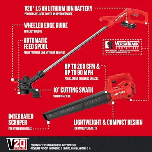 CRAFTSMAN CMCK279C2 V20* WEEDWACKER® String Trimmer & Blower Combo Kit (1.5AH) Red