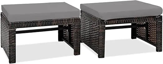 RELAX4LIFE 2-Piece Wicker Outdoor Ottoman, Rattan Footrest Set of 2 with Removable Cushions, 3-in-1 Foot Stool, Side Table & Additional Seating, Outdoor Footstools for Patio Backyard (Grey)