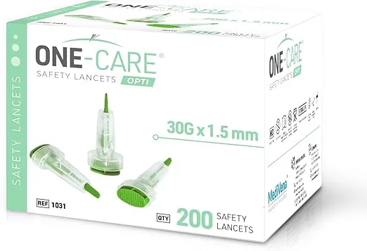200 Count: ONE-CARE Opti Safety Lancets, Top Button Activated, 30G x 1.5mm, Auto-Retractable, Sterile, Single Use, Ideal for Blood Testing, Ultra-Thin for Comfort