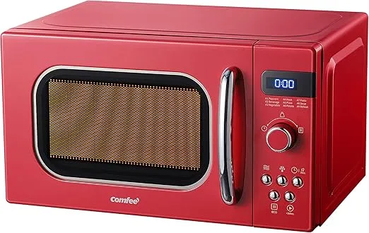 COMFEE' Retro Small Microwave Oven With Compact Size, 9 Preset Menus, Position-Memory Turntable, Mute Function, Countertop, Perfect For Small Spaces, 0.7 Cu Ft/700W, Red, AM720C2RA-R