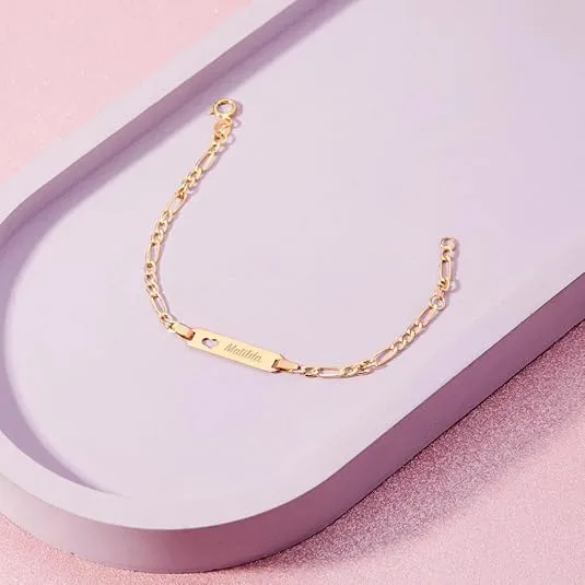 14k Yellow Gold Unisex Adjustable Girls Name ID Bracelet Engravable Heart Tag - Figaro Link Chain Rectangular Name Plate Bracelets for Babies & Children