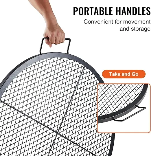 VEVOR X-Marks Fire Pit Grill Grate, Round Cooking Grate, Heavy Duty Steel Campfire BBQ Grill Grid with Handle and Support X Wire, Portable Camping Cookware for Outside Party & Gathering, 30 Inch Black