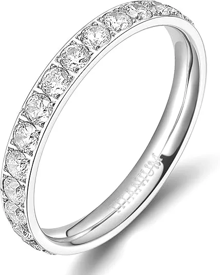 TIGRADE 3mm Women Titanium Engagement Ring Cubic Zirconia Eternity Wedding Band Size 3 to 13.5