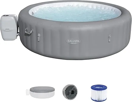 Bestway SaluSpa Grenada AirJet 6 to 8 Person Inflatable Hot Tub Round Portable Outdoor Spa with 190 Soothing AirJets and Cover, Gray