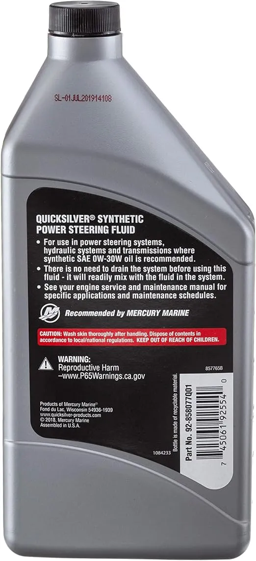 Quicksilver 858077Q01 Power Steering Fluid SAE 0W-30, Full Synthetic – 32 Oz. Bottle