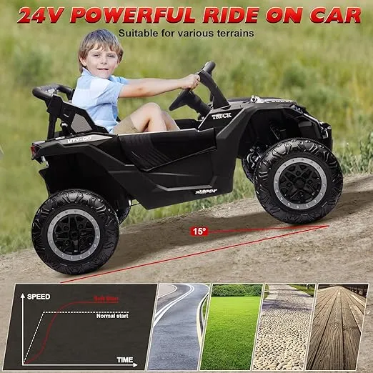 24V Ride on Car 2 Seater Ride on Toys for Big Kids 4WD 4X4 Off-Road 4X200W Powerful UTV Side by Side Electric Truck Power-Wheels with Remote Control 3 Speed, Bluetooth Music, String Bag, Black