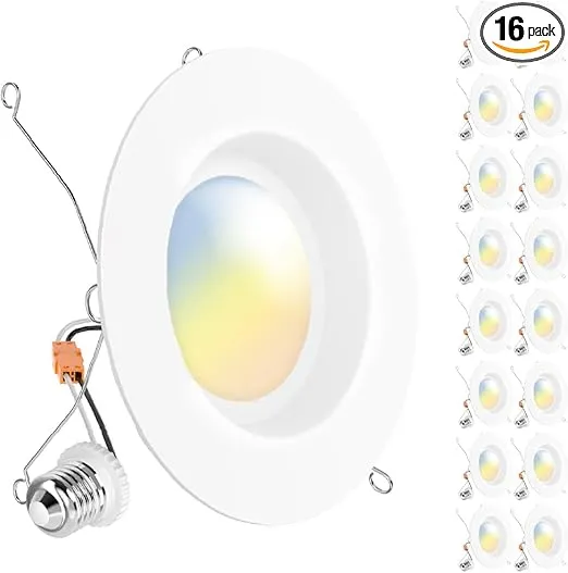 Sunco 16 Pack 5CCT Retrofit LED Recessed Lighting 6 Inch, 2700K/3000K/3500K/4000K/5000K Selectable, Dimmable Can Lights, Smooth Trim, 13W=75W, 965LM, Damp Rated, UL-Certified