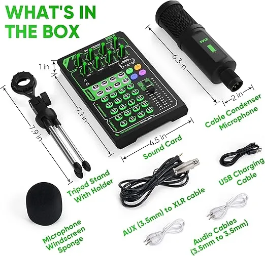 Pyle Portable Bluetooth Live Broadcast Sound Card Pro Audio Interface DJ mixer Condenser w/Microphone Set, for Streaming Podcasts Studio, Recording PC, Gaming, Phone, w/FX, Ambient Sounds
