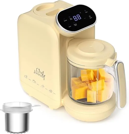 Chefhandy Baby Food Maker, 5 in 1 Baby Food Processor with Stainless Steel Steaming Basket, Baby Puree Maker with Steamer, Blender,Bottle Warmer Function,Auto Cooking & Grinding,Touchscreen (Yellow)