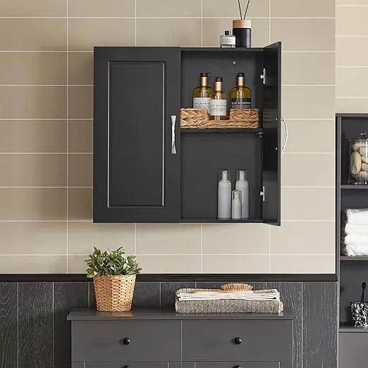 SoBuy Bathroom Kitchen Wall Cabinet, Garage or Laundry Room Wall Storage Cabinet, Bathroom Wall Cabinet, Linen Tower Bath Cabinet, Cabinet with Shelf, Black FRG231-SCH