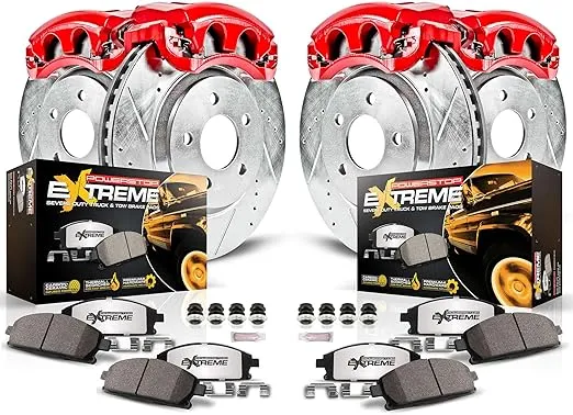 Power Stop KC2164A-36 Front & Rear Z36 Truck and Tow Carbon Fiber Ceramic Brake Pads with Drilled and Slotted Rotors Brake Kit with Calipers For Dodge Ram 1500 Durango Aspen