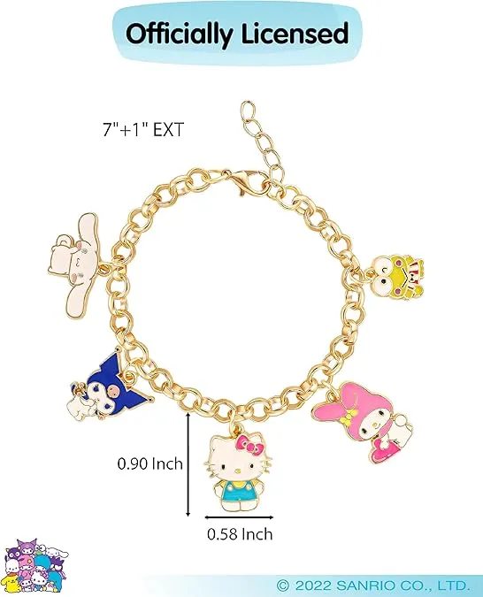 SALLY ROSE Hello Kitty and Friends Charm Bracelet for Women Official License, 7"+1" Gold-Tone Fashion Bracelet with Sanrio Charms