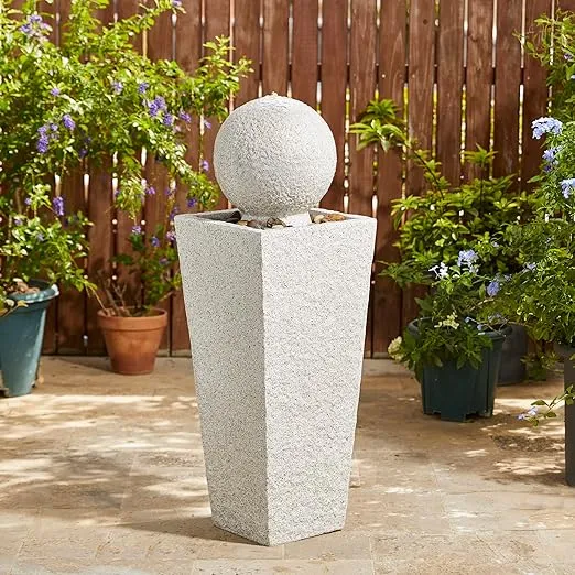 Glitzhome Outdoor Water Fountain with LED Light Modern Oversized Pedestal and Sphere Water Fountain with Submersible Pump Vintage Faux Terrazzo Geometric Fountain for Garden Patio Deck Porch, 40.25" H