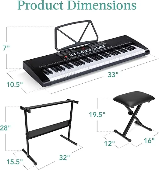 Best Choice Products 61-Key Electronic Keyboard Piano Portable Electric Keyboard Complete Beginner Set w/LED Screen, Stand, Bench, Headphones - Black