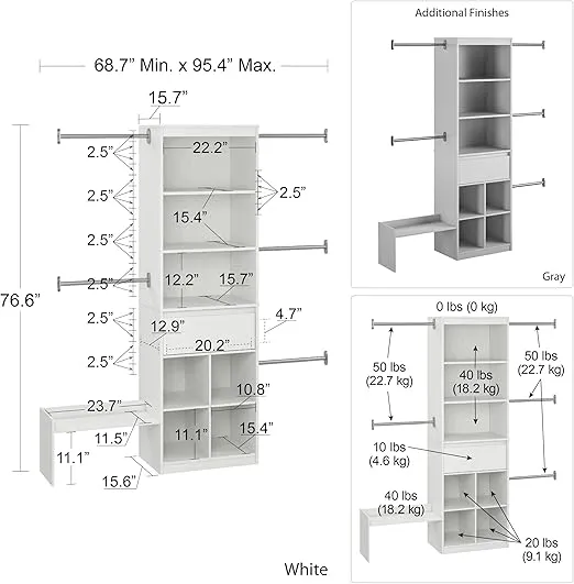 Little Seeds Grow with Me Adjustable Kids’ Closet Organizer System, 15.69" D x 95.44" W x 76.62" H, White