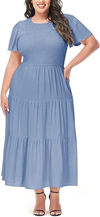Anna-Kaci Women's Plus Size Casual Round Neck Flutter Short Sleeve Elastic Waist Smocked Tiered Maxi Dress