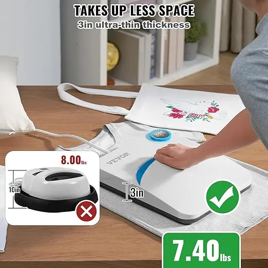VEVOR Heat Press Machine,10x12inches Portable Shirt Printing Multifunctional Sublimation Transfer Heat Press Machine Teflon Coated, Easy Iron-on Press for T-Shirts/Pillows/Bags/HTV Vinyl Projects