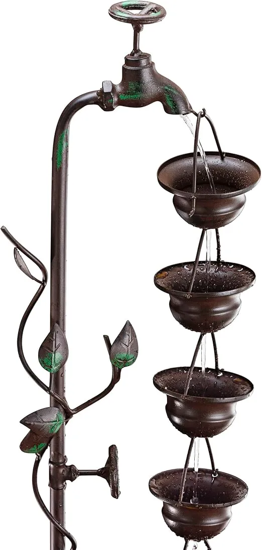 Alpine Corporation MAZ254 Outdoor Floor Tiered Vintage Water Fountain w/ 6 Hanging Cups, Soothing Tier Waterfall, 38", Bronze