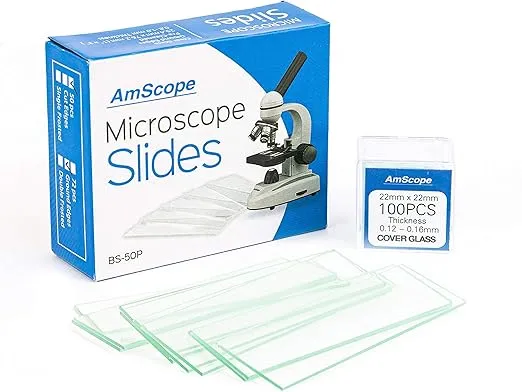 AmScope BS-50P-100S-22 Pre-Cleaned Blank Ground Edge Glass Microscope Slides and 100pc Pre-Cleaned Square Glass Cover Slips Coverslips
