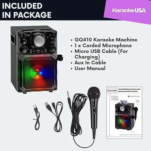 Karaoke USA Portable MP3 Karaoke Player with Bluetooth, PA, and Built-In Battery (GQ410) , Black