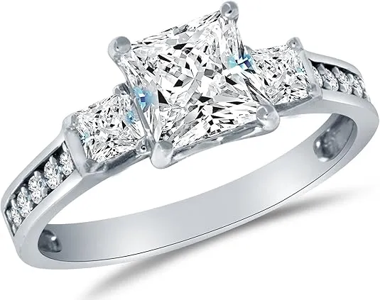 Solid 925 Sterling Silver CZ Cubic Zirconia 3 Three Stone Engagement Ring - Princess Cut Solitaire with Round Side Stones (1.75cttw., 1.5ct. Center) - Available in all ring sizes 4 - 9.5 & Comes With Elegant Velvet Ring Box