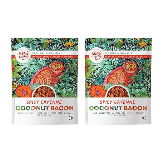 Organic Vegan Coconut Bacon-Plant Based, Crunchy Salad Topper, Vegan Snack, Soy Free, Paleo Friendly (Spicy Cayenne)