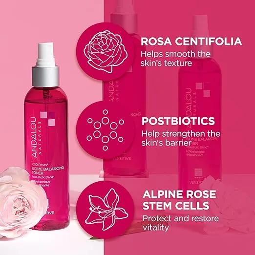 Andalou Naturals Toner, 1000 Roses Biome Balancing Facial Toner, Refreshing & Gentle on Sensitive Skin, Rose-Biotic Blend to Help Protect & Strengthen Skin Barrier, 6 Fl Oz Spray