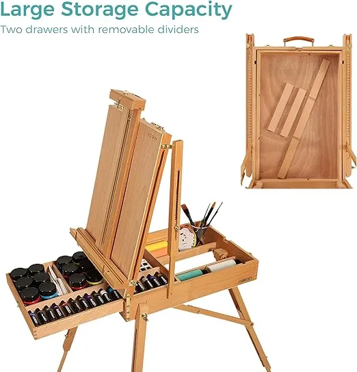 VISWIN French Easel, Hold Canvas up to 34", Beech Wood Adjustable Foldable Studio & Field Sketchbox Easel with Drawer, Palette, Level Instrument & Scale Leg, Portable Tabletop & Floor Painting Easel