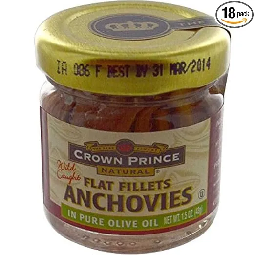 Crown Prince Natural Flat Fillets of Anchovies in Pure Olive Oil, 1.5-Ounce Jars (Pack of 18)